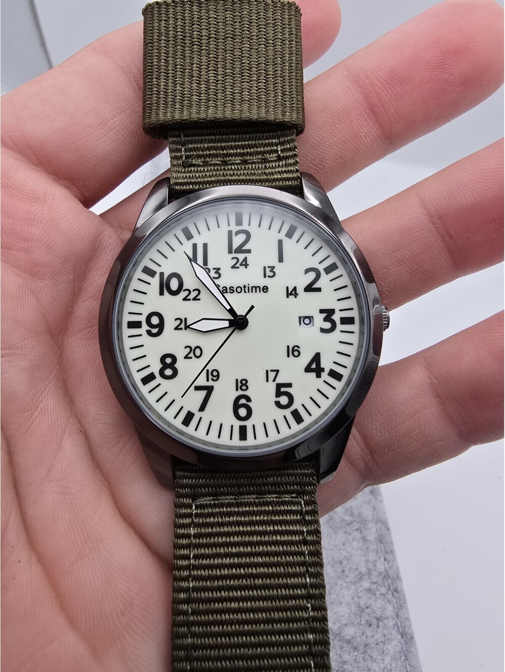 Casotime CT2001 Military Field Watch Full Lume Dial 24H Date Green Nylon Strap